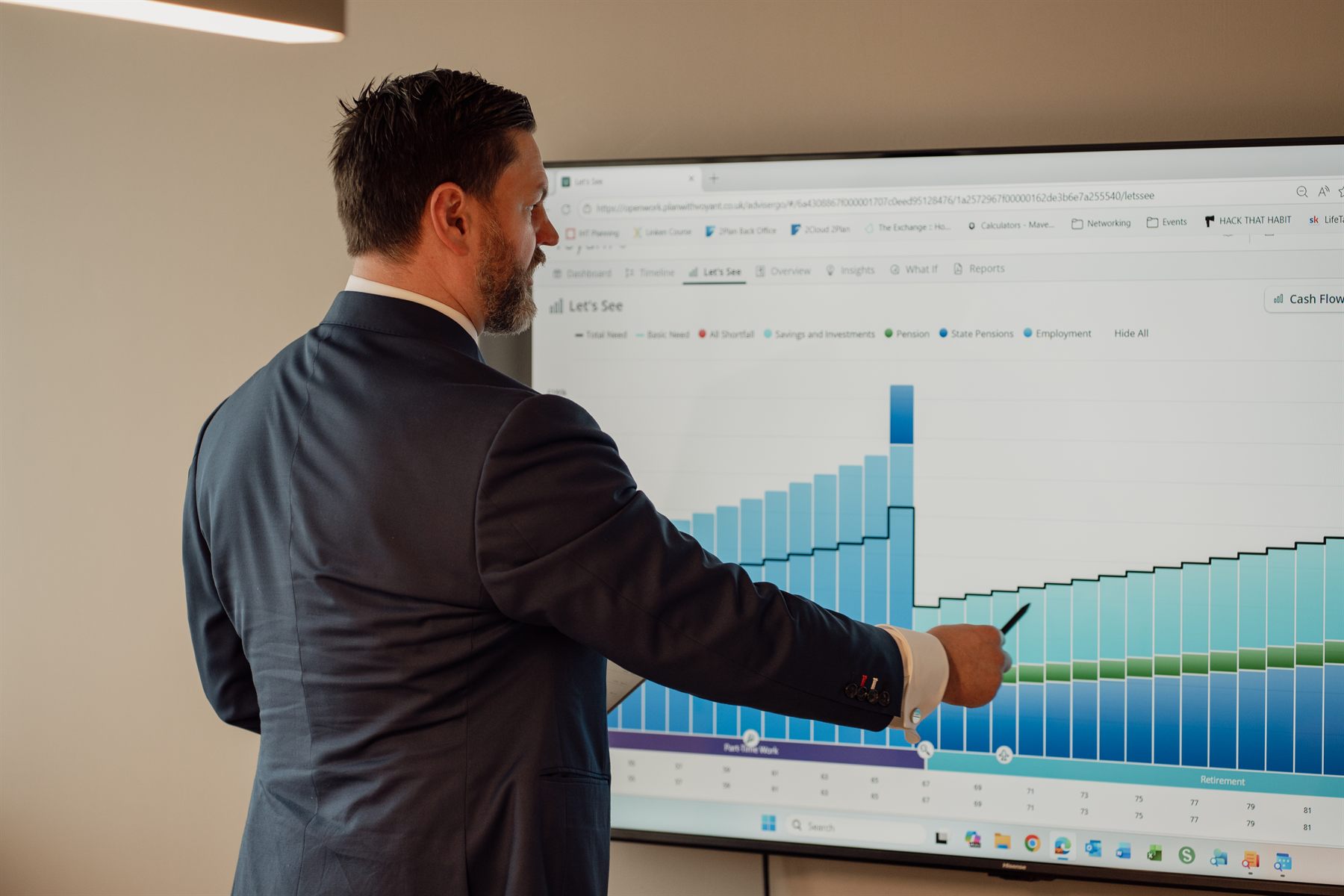 Benjamin Beck presenting a financial planning cash flow chart